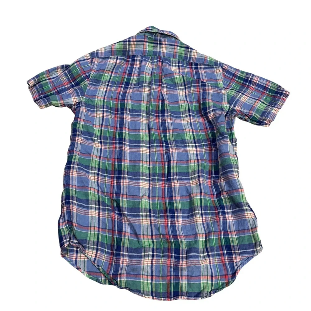 Ralph Lauren Mens S Short Sleeve 100% Linen Plaid Button Down‎ Shirt Blue Green